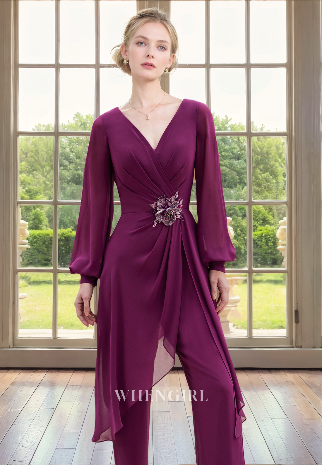 Jumpsuit V Neck Long Sleeves Plated Appliques Chiffon Mother of Bride Dress