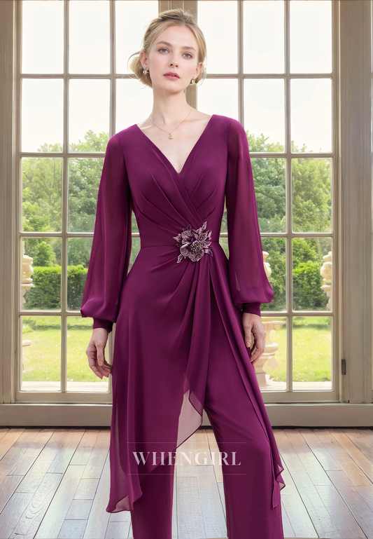 Jumpsuit V Neck Long Sleeves Plated Appliques Chiffon Mother of Bride Dress