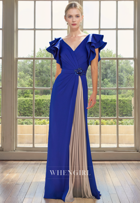 A-Line V Neck Sleeveless Ruffles Pleated Beaded Back Zipper Mother of Bride Dress