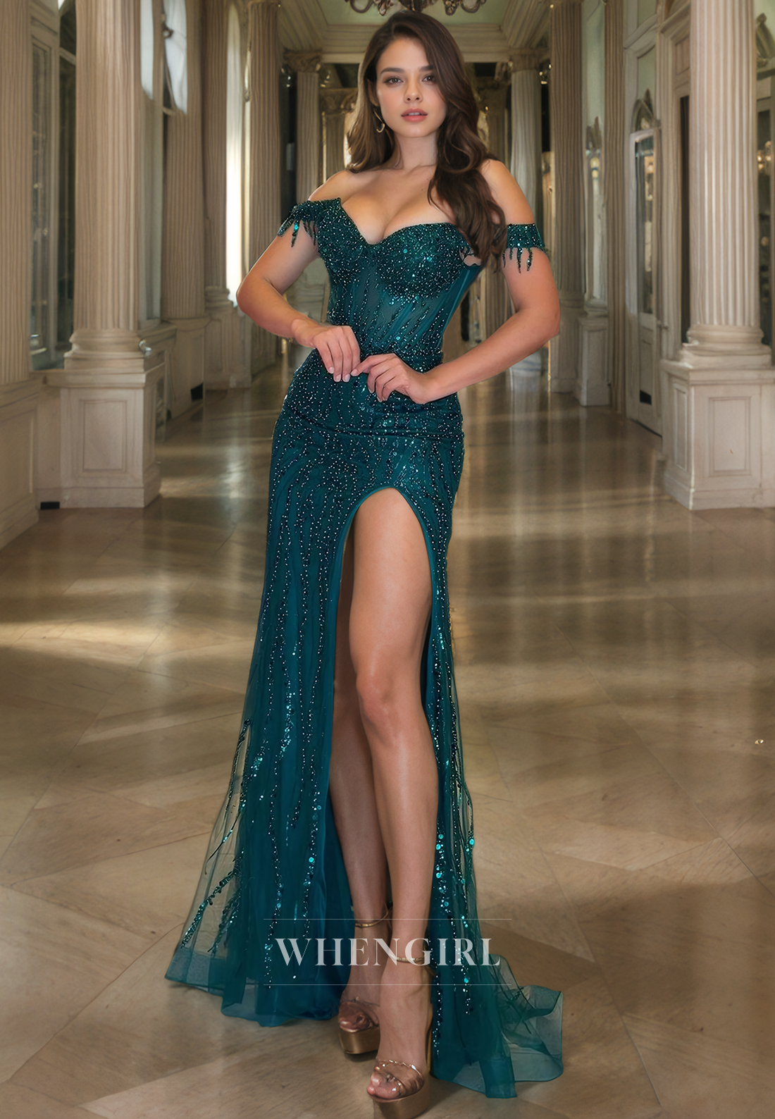 Sheath Off Shoulder Sleeveless Fully Glitter Tulle Party Prom Dress with High Side Slit