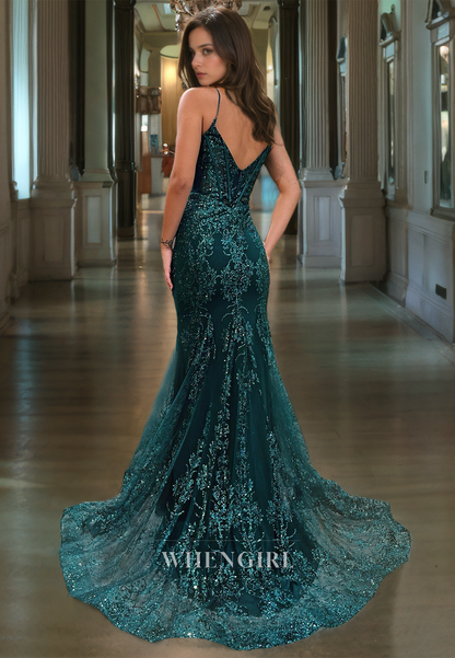 Mermaid V Neck Straps Sleeveless Glitter Long Prom Dress with Train
