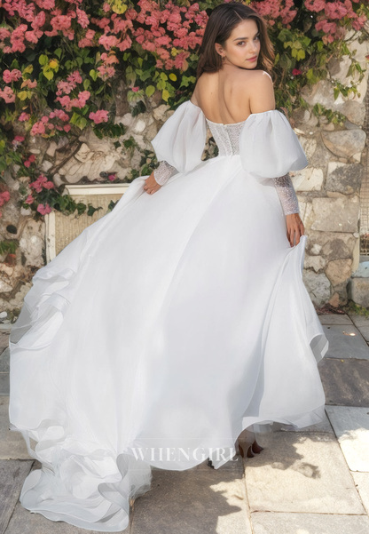 A-Line Strapless Detachable Long Lantern Sleeves Beaded Wedding Dress with High Side Slit and Train