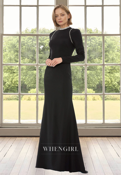 Beaded Long Sleeves High Neck Fitted Satin Mother of the Bride Dress with Train Cocktail Gowns