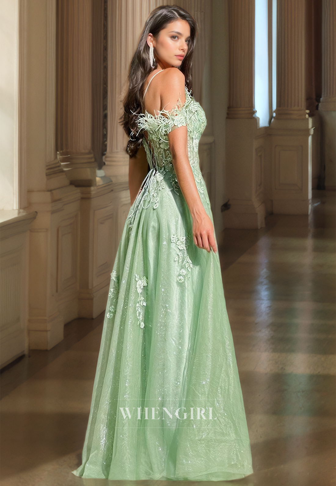 Off-Shoulder Sweetheart A-Line Appliques Pleats Lace Split Formal Prom Dress with Feather