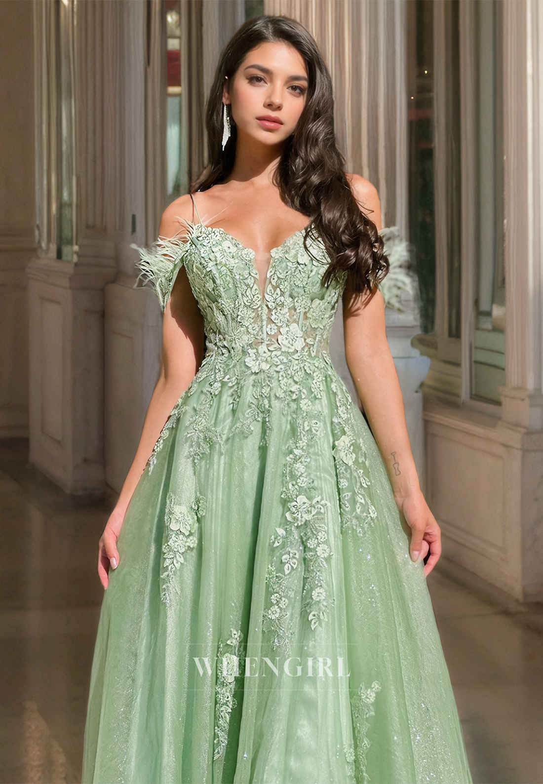Off-Shoulder Sweetheart A-Line Appliques Pleats Lace Split Formal Prom Dress with Feather