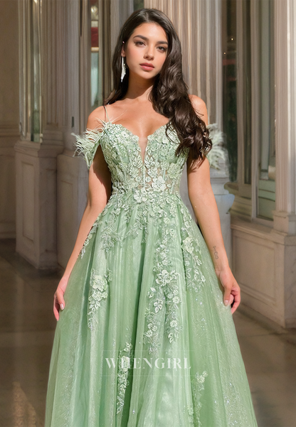 Off-Shoulder Sweetheart A-Line Appliques Pleats Lace Split Formal Prom Dress with Feather