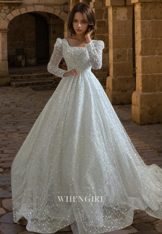 Glitter A-Line Square Long Sleeves Fully Sequins Long Wedding Dress