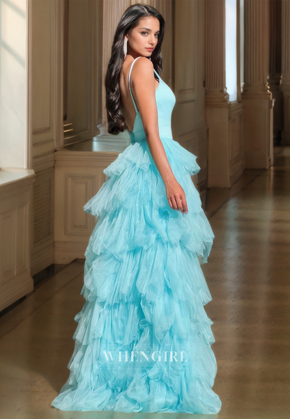 V-Neck Spaghetti Straps Sleeveless Tiered Tulle Ball Gown Lace Prom Dress with Slit