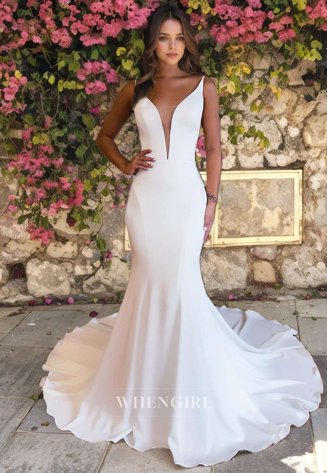 Mermaid Low V Neck Straps Sleeveless Open Back Satin Wedding Dress with Train