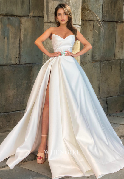 A-Line Sweetheart Sleeveless Formal Gowns High Split Pleated Satin Prom Dress with Sweep Train