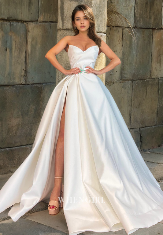 A-Line Sweetheart Sleeveless Formal Gowns High Split Pleated Satin Prom Dress with Sweep Train