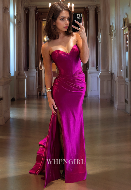 Sheath Strapless Sleeveless Pleated Long Prom Dress with High Side Slit and Train