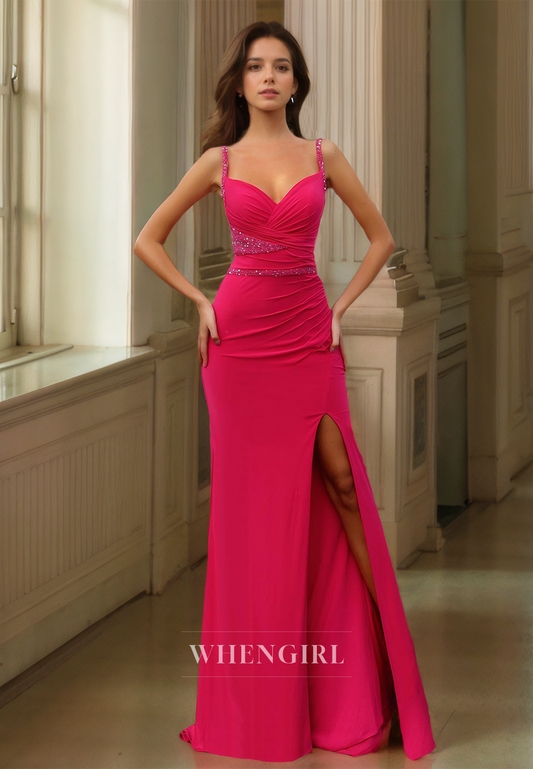 Spaghetti Straps Sweetheart Fitted Side Slit Sheath Formal Dress with Beads Prom Dress