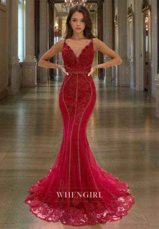 Spaghetti Straps V-Neck Mermaid Prom Dress Sleeveless Appliques Lace Formal Gowns with Beads