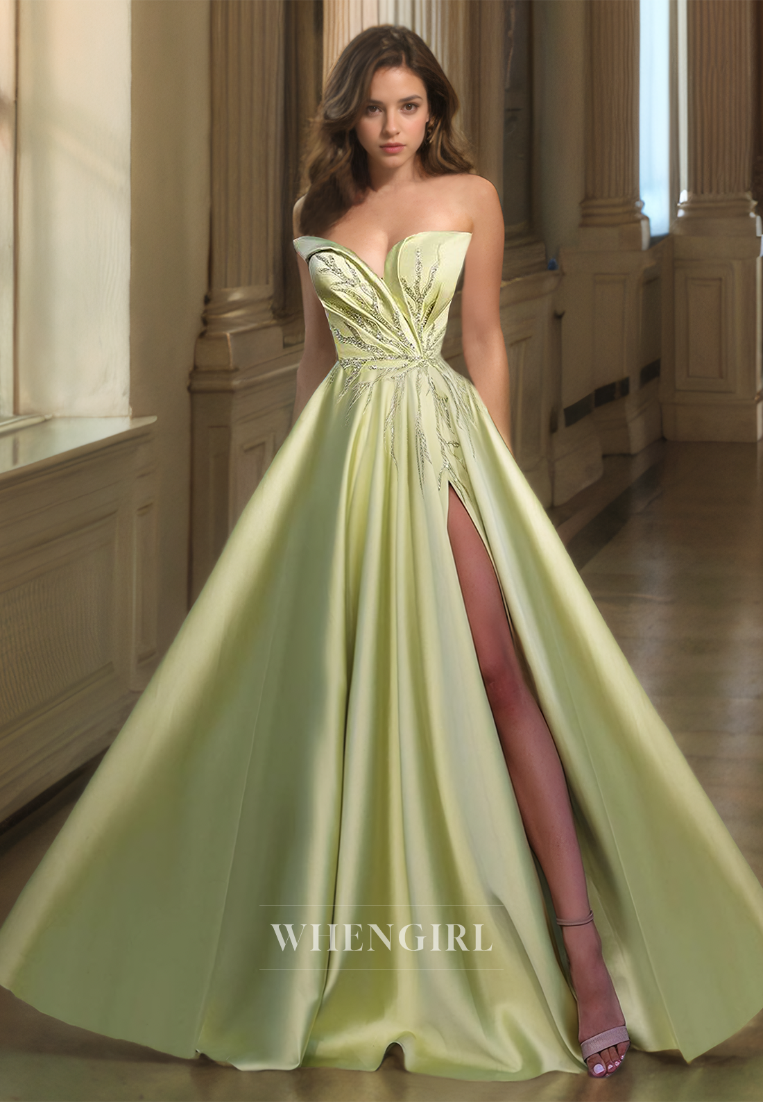 Charming Beaded A-Line Sweetheart Sleeveless Pleated Long Satin Formal Prom Dress with  High Slit