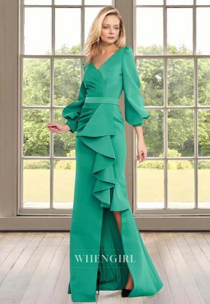 Low V-Neck Long Sleeves Sheath Mother of Bride Dress Satin Pleats Cocktail Dress with Slit