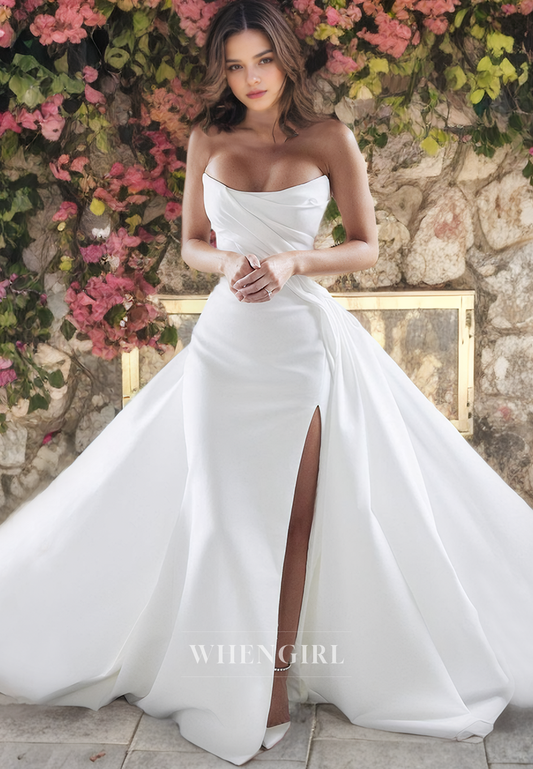 Sheath Boat Neck Sleeveless Pleated Long Wedding Dress with High Side Slit and Train