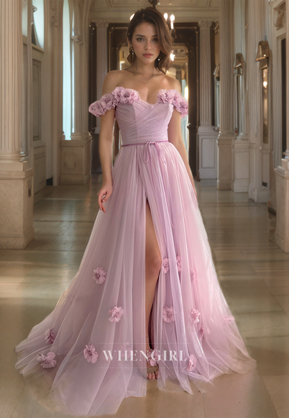 A-Line Off Shoulder Sleeveless Pleated Long Prom Dress with High Side Slit and Flowers