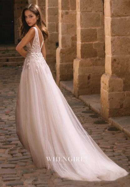 A-Line V Neck Straps Sleeveless Appliques Tulle Wedding Dress with High Side Slit and Train