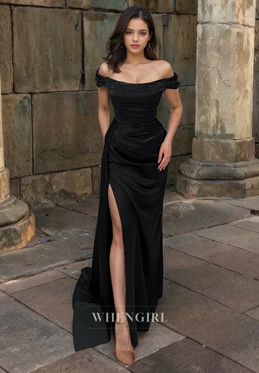 Sheath Off Shoulder Sleeveless Pleated Long Prom Dress with High Side Slit and Train