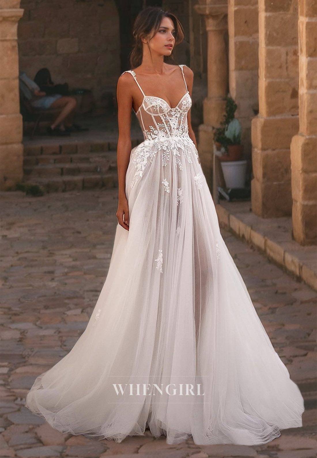 A-Line Strapless Straps Sleeveless Appliques Tulle Wedding Dress with High Side Slit and Train