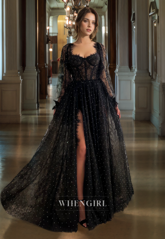 A-Line Strapless Long Sleeveless Long Prom Dress with High Side Slit and Train
