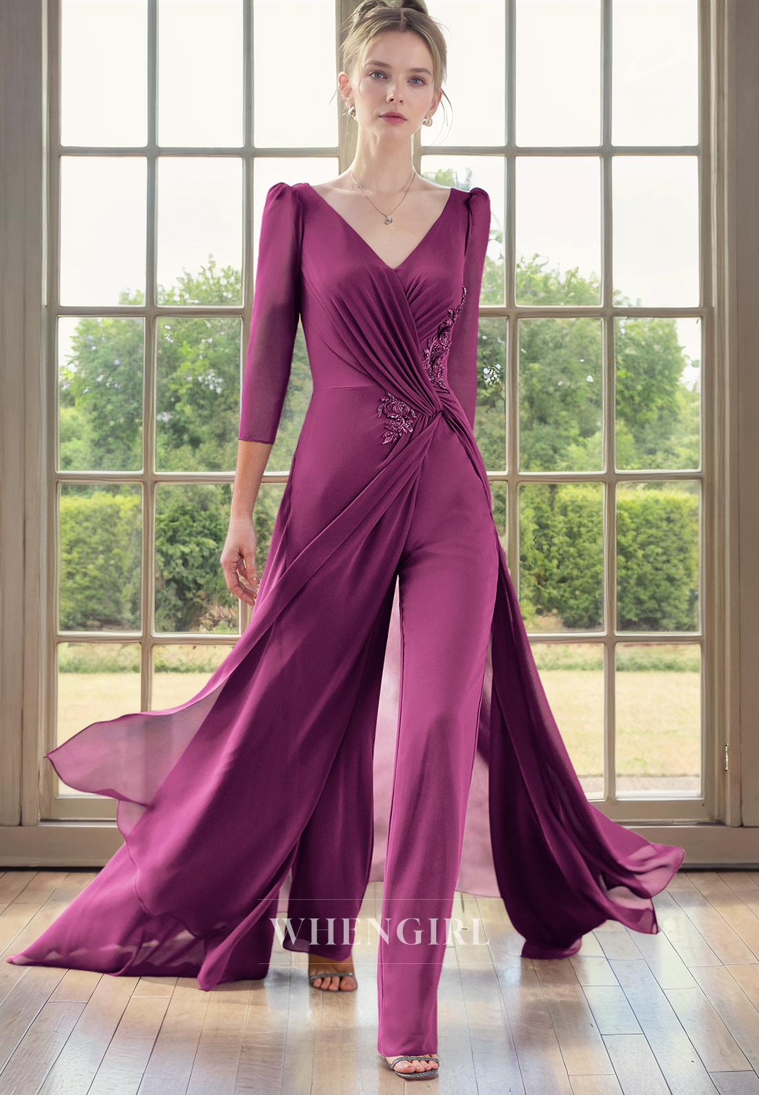 Jumpsuit V Neck 34 Length Sleeves Pleated Appliques Back Zipper Mother of Bride Dress