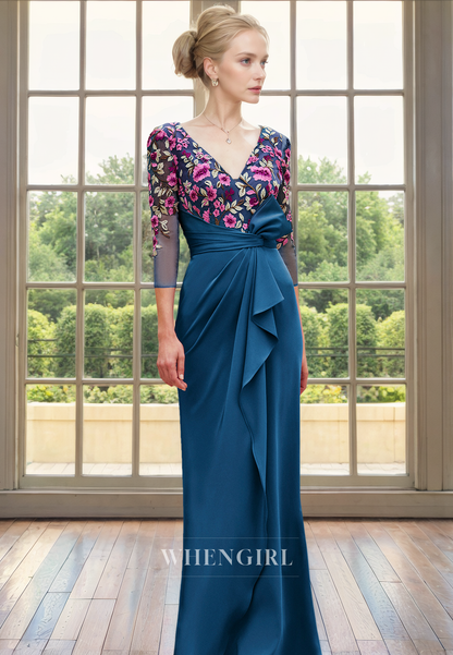 Sheath V Neck 34 Length Sleeves Lace Appliques Pleated Ruffles Back Zipper Mother of Bride Dress