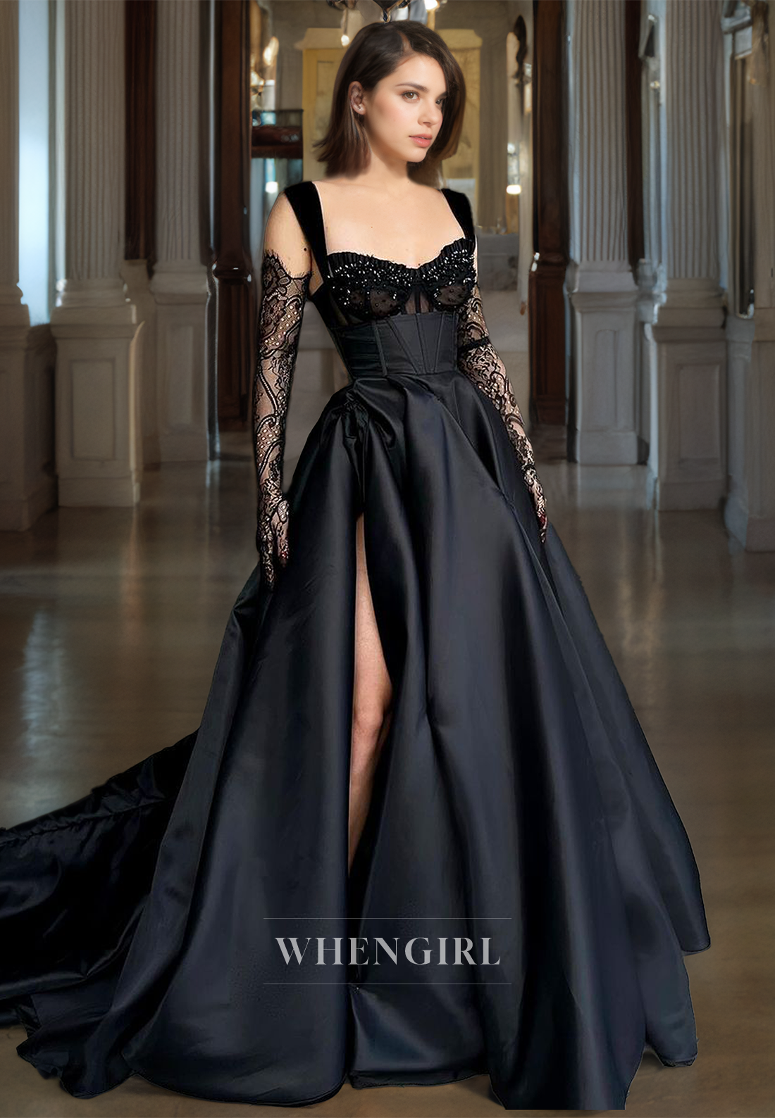 A-Line Strapless Sleevelss Beaded Long Prom Dress with High Side Slit and Train (without Gloves)