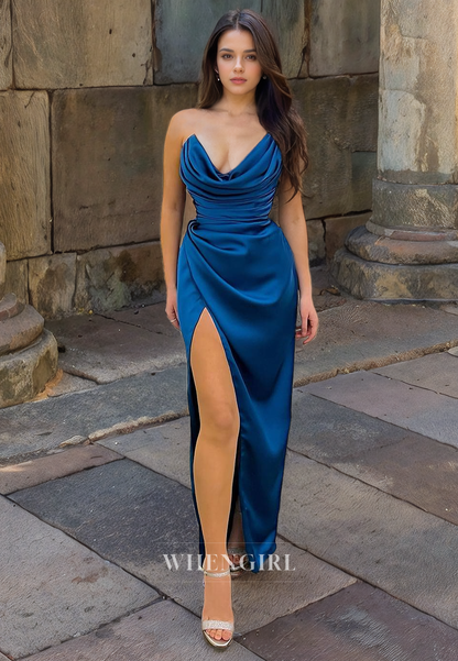 Sheath V Neck Sleeveless Pleated Long Prom Dress with High Side Slit
