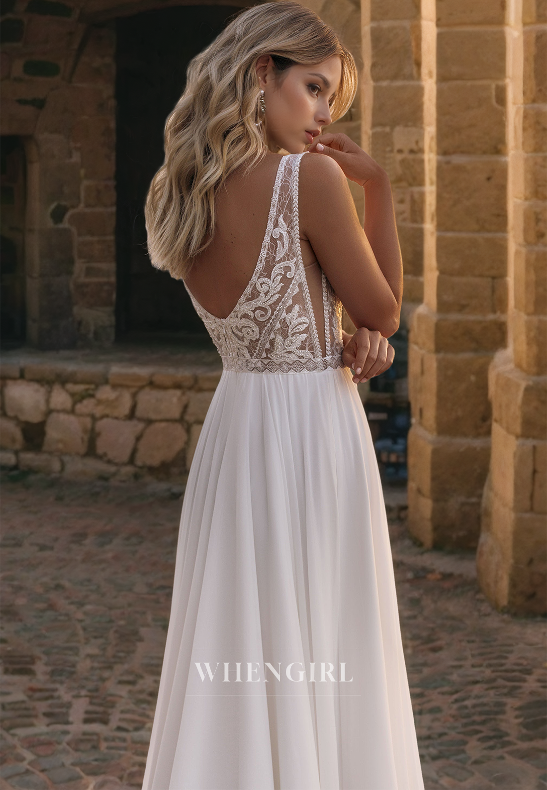 A-Line V Neck Sleeveless Straps Appliques Wedding Dress with Train