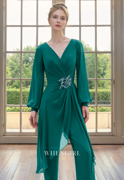 Jumpsuit V Neck Long Sleeves Plated Appliques Chiffon Mother of Bride Dress