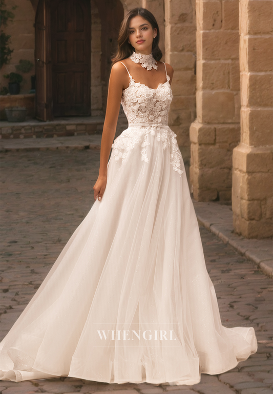 A-Line Strapless Straps Sleeveless Appliques Tulle Wedding Dress with Train