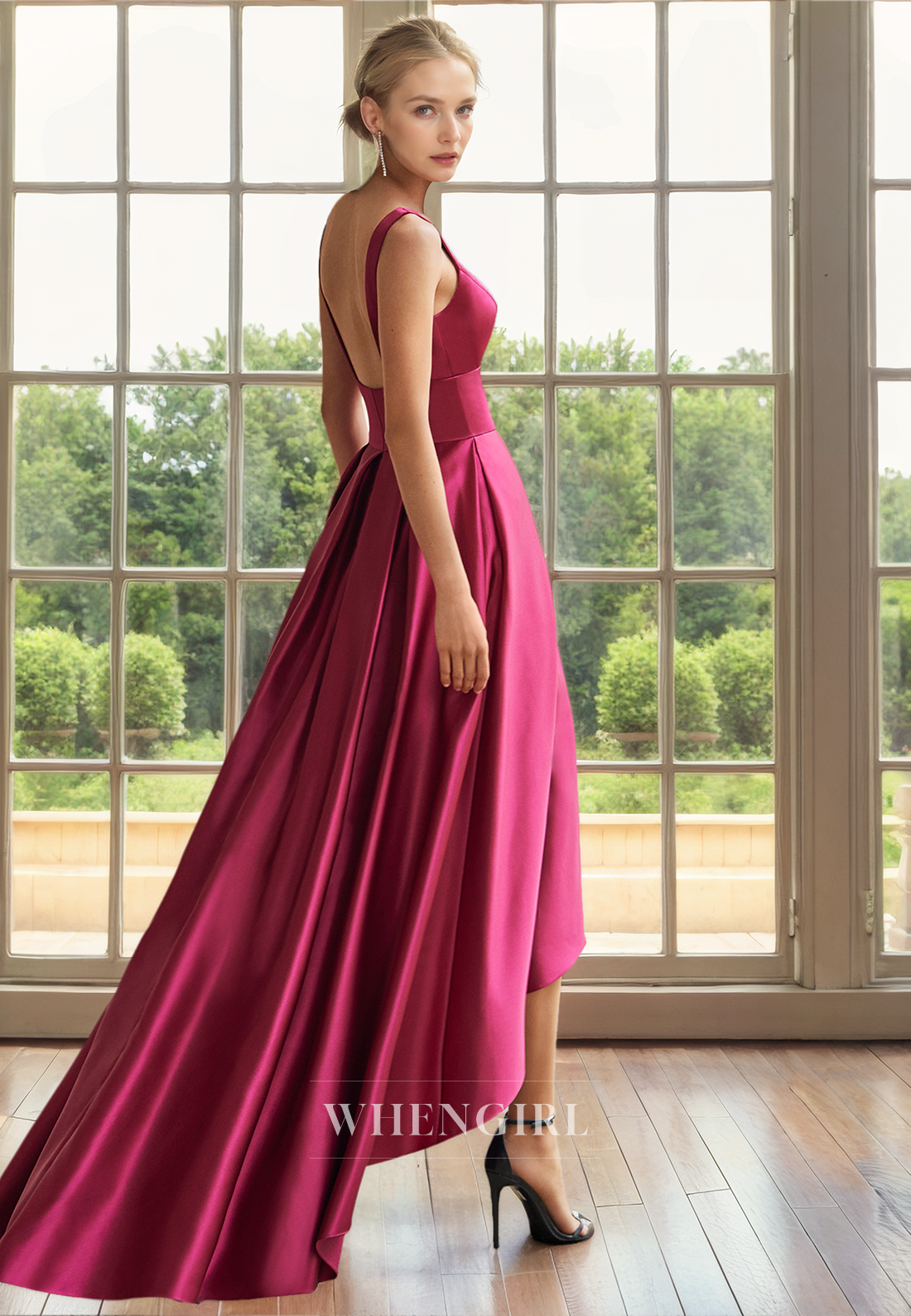 A-Line V Neck Straps Sleeveless Pleated High Low Mother of Bride Dress