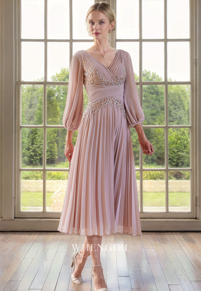 A-Line V Neck 34 Length Sleeves Pleated Appliques Tea Length Mother of Bride Dress