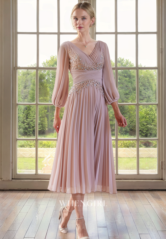 A-Line V Neck 34 Length Sleeves Pleated Appliques Tea Length Mother of Bride Dress