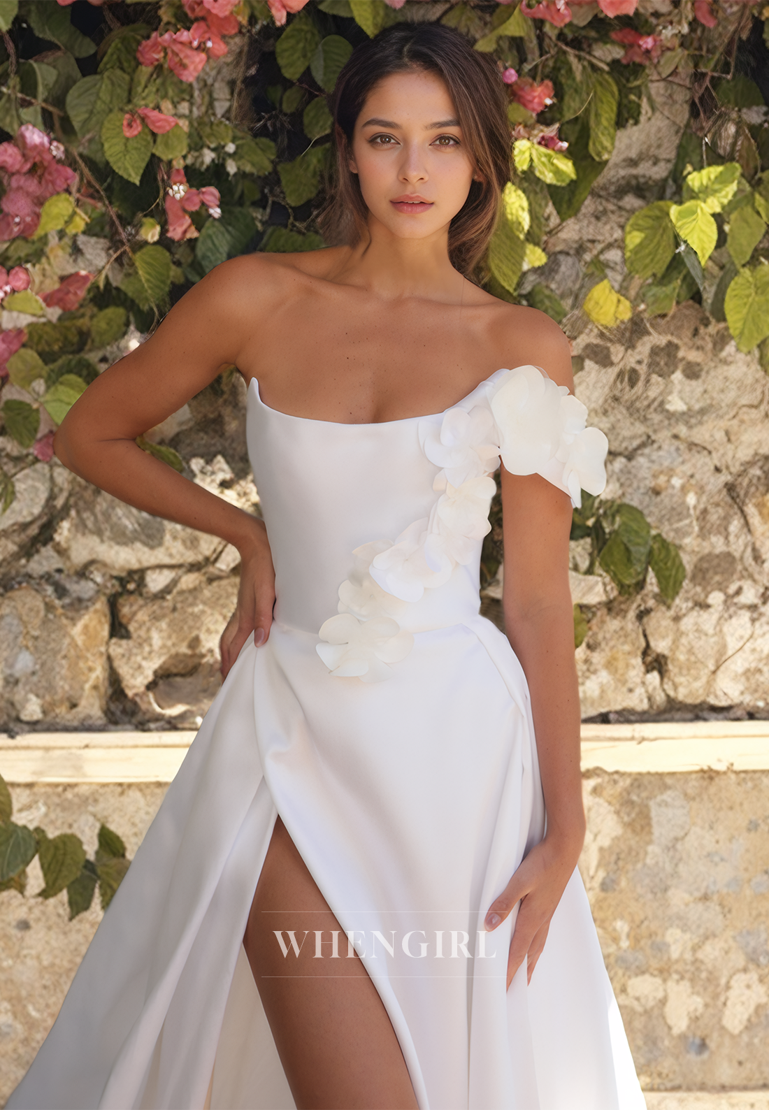 Sheath One Shoulder Sleeveless Satin Wedding Dress with High Side Slit and Train