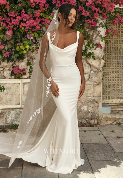 Mermaid Strapless Straps Sleeveless Pleated Beach Wedding Dress with Train and Veil