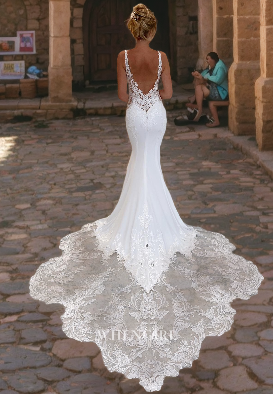 Mermaid V Neck Straps Sleeveless Appliques Wedding Dress with Train