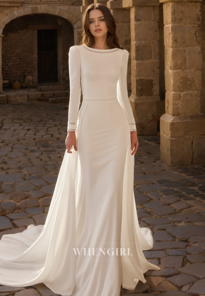 Mermaid Scoop Neck Long Sleeves V Back Satin Wedding Dress with Train