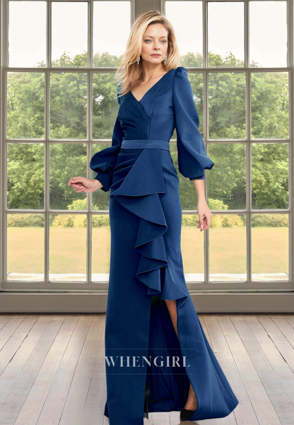 Low V-Neck Long Sleeves Sheath Mother of Bride Dress Satin Pleats Cocktail Dress with Slit