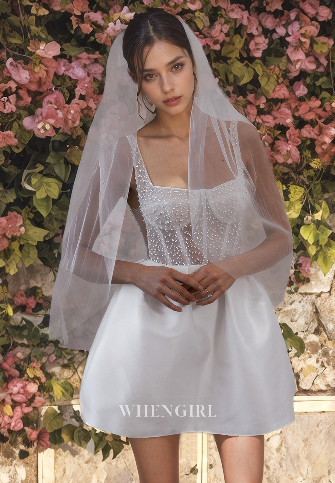 A-Line Square Neck Straps Sleeveless Beaded Mini Wedding Dress with Veil