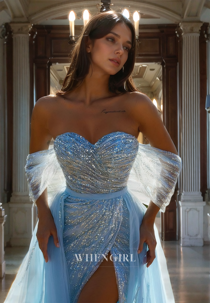 Sheath Off Shoulder Sleeveles Fully Sequins Tulle Long Prom Dress with High Side Slit and Train