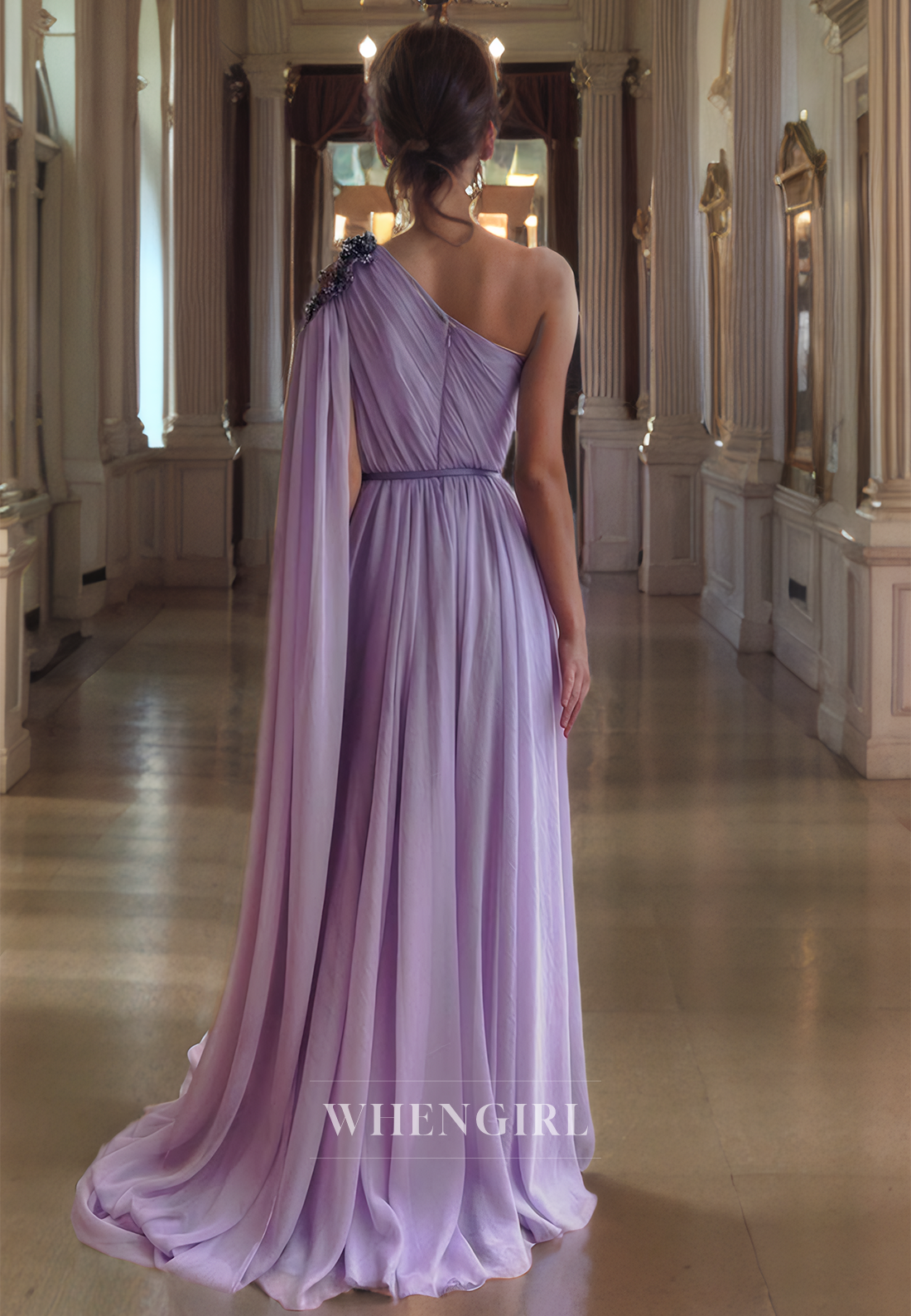 A-Line One Shoulder Sleeveless Pleated Beaded Long Prom Dress with High Side Slit