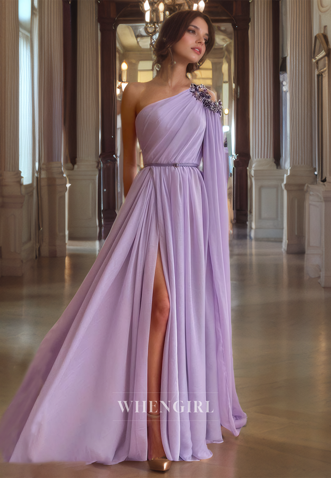 A-Line One Shoulder Sleeveless Pleated Beaded Long Prom Dress with High Side Slit