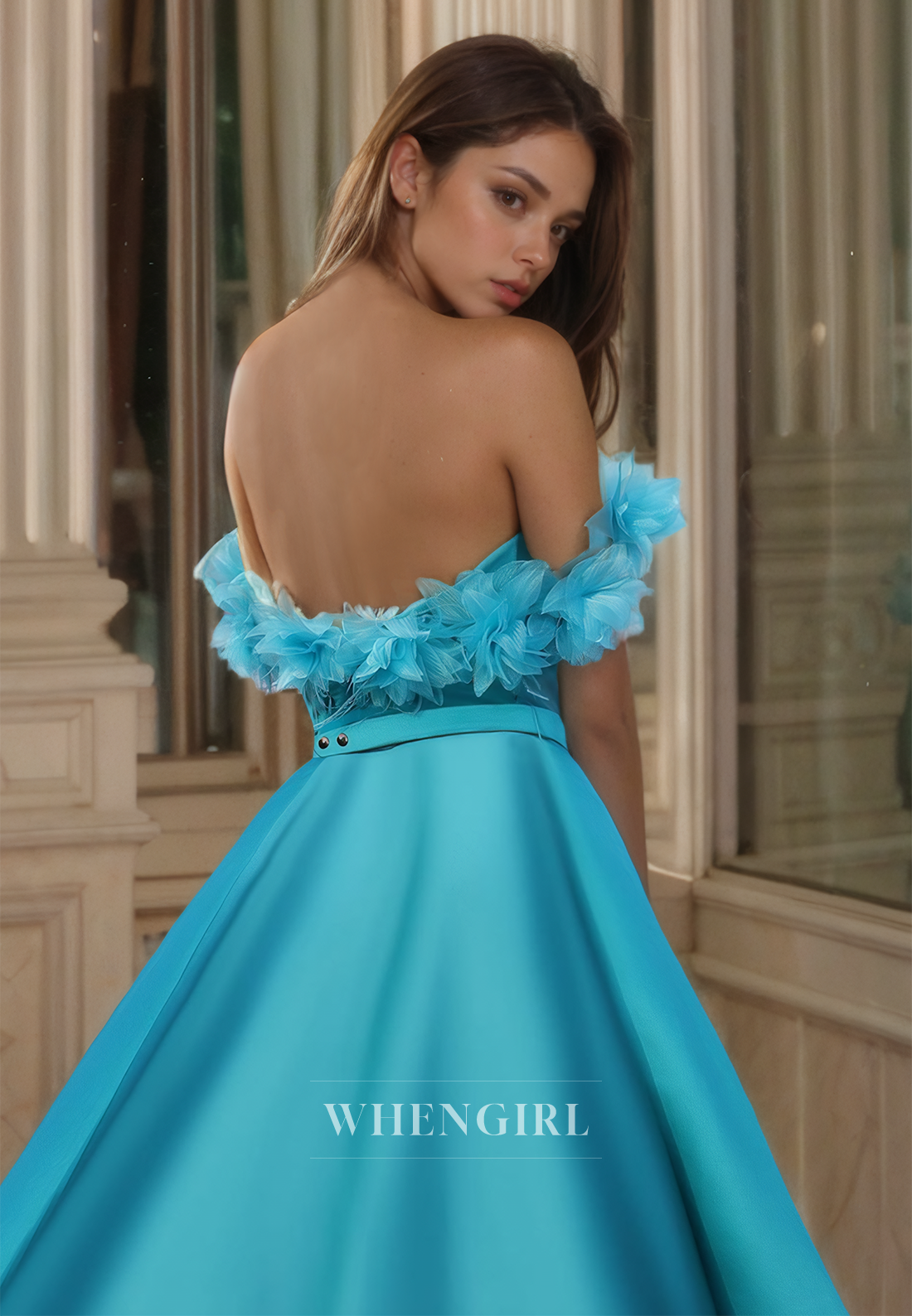 Off-Shoulder Sweetheart A-Line Pleated Satin Floral Prom Formal Evening Dress with Split