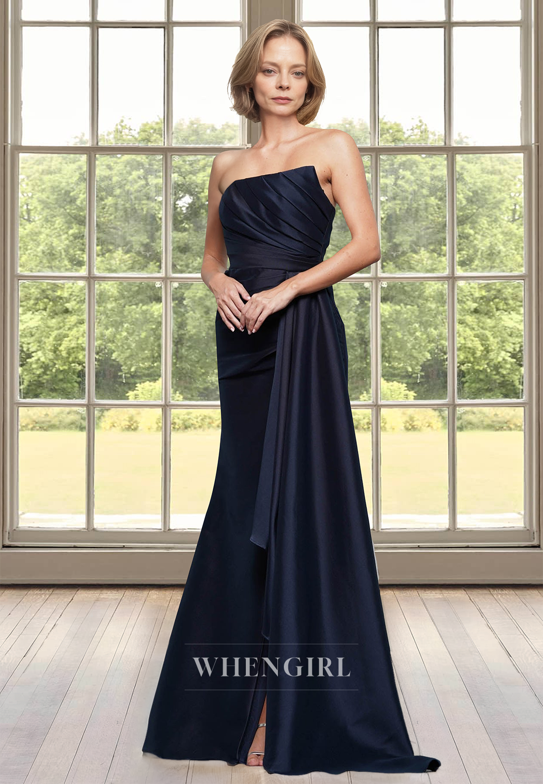 Tube Top Sheath Cocktail Dress Sleeveless Pleated Satin Mother of Groom with Train