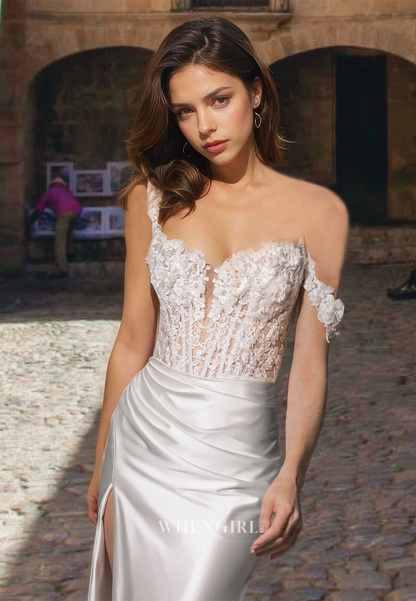 Off-Shoulder Sheath Sleeveless High Split Sweep Train Satin Wedding Dress with Appliques Bridal Dress
