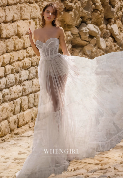 A-Line Sweetheart Sleeveless Beach Dress Stripe Sheer Floor-Length Lace Boho Wedding Dress with Pleats