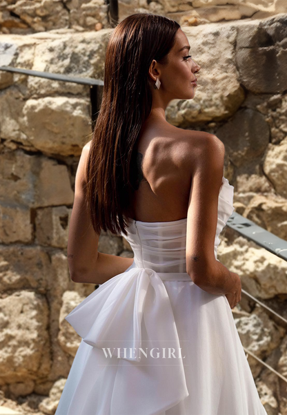 Sweetheart A-Line Sleeveless Stripe Sweep Train Slit Pleats Lace Wedding Dress with Bow Briddal Gowns